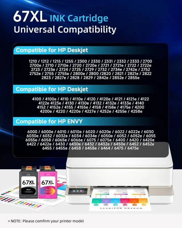 Alt view image 2 of 6 - 67XL Ink Cartridges Black/Color Combo Pack Compatible for HP Ink 67 67XL Printer Ink for DeskJet 4227e 2855e 2827e 2755e 2700e 2800e 4155e 4255e 2734e 4100 for Envy 6055e 6400 6455e(2 Pack)