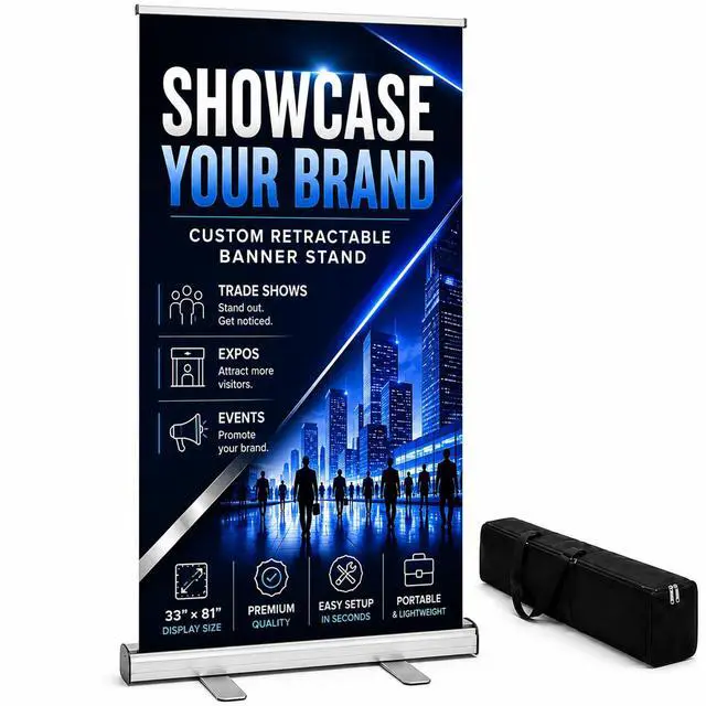 Main image of Custom Retractable Banner Stand 33x81 Inch, Personalized Roll Up Banner with Aluminum Stand & Carry Bag, Easy Setup Portable Display for Trade Shows, Business Signs, Retail Promotions, Made in USA