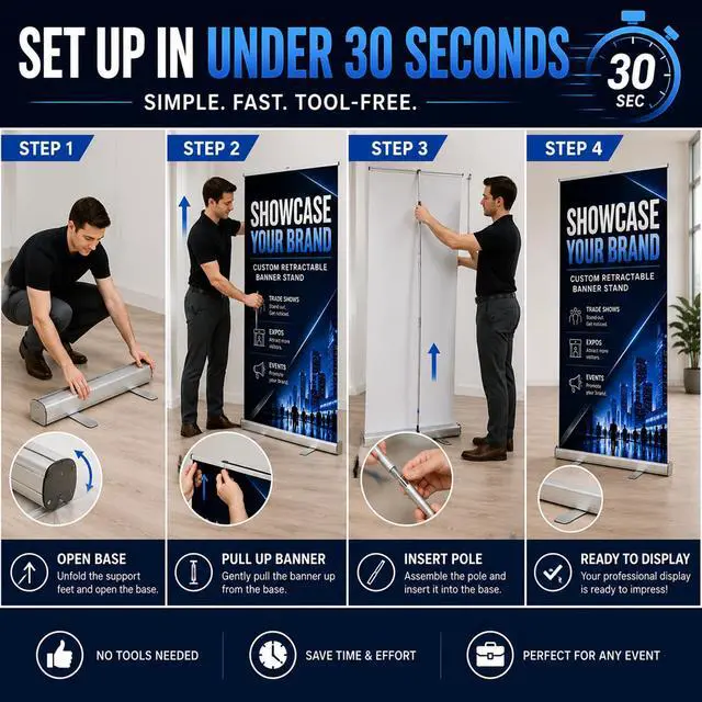 Alt view image 3 of 6 - Custom Retractable Banner Stand 33x81 Inch, Personalized Roll Up Banner with Aluminum Stand & Carry Bag, Easy Setup Portable Display for Trade Shows, Business Signs, Retail Promotions, Made in USA