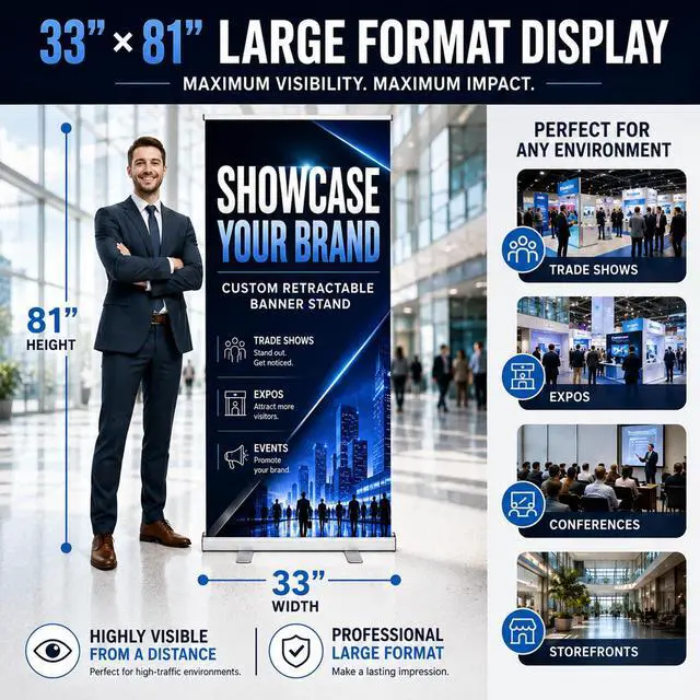 Alt view image 2 of 6 - Custom Retractable Banner Stand 33x81 Inch, Personalized Roll Up Banner with Aluminum Stand & Carry Bag, Easy Setup Portable Display for Trade Shows, Business Signs, Retail Promotions, Made in USA
