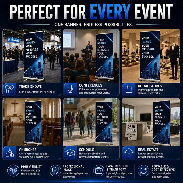 Alt view image 5 of 6 - Custom Retractable Banner Stand 33x81 Inch, Personalized Roll Up Banner with Aluminum Stand & Carry Bag, Easy Setup Portable Display for Trade Shows, Business Signs, Retail Promotions, Made in USA