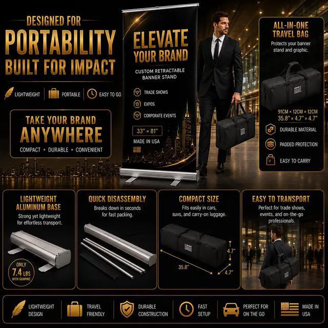 Alt view image 6 of 7 - Custom Retractable Banner with Silver Aluminum Stand, 33" x 81" Personalized Roll Up Banner, Made in USA, Travel Bag Included, Proof Approval Before Printing, 1-Day Production for Trade Shows, Expos