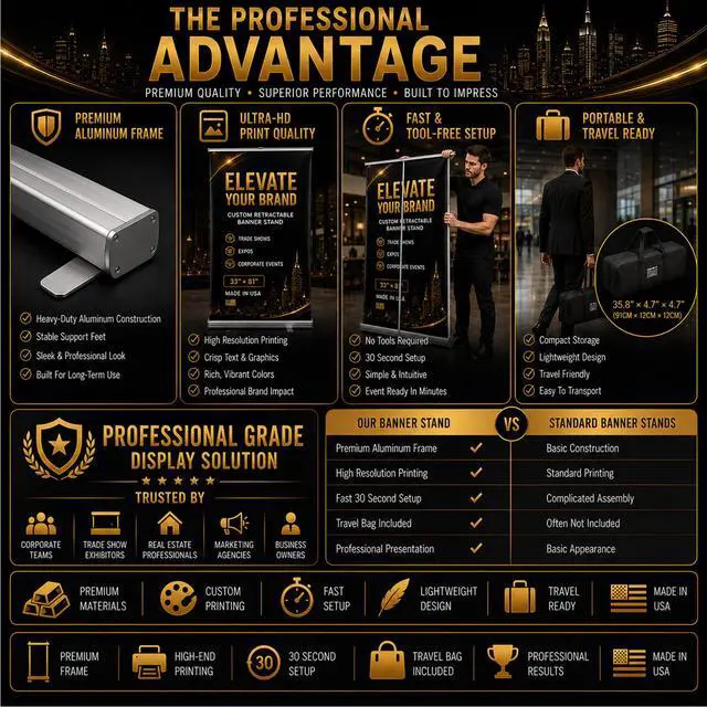 Alt view image 7 of 7 - Custom Retractable Banner with Silver Aluminum Stand, 33" x 81" Personalized Roll Up Banner, Made in USA, Travel Bag Included, Proof Approval Before Printing, 1-Day Production for Trade Shows, Expos