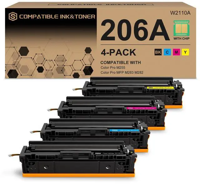 Main image of 206A Toner Cartridges 4 Pack (with Chip) Works with HP Color Pro MFP M283fdw M283cdw, Pro M255dw M255nw, MFP M282nw M283 M282 M255 Printer | W2110A W2111A W2112A W2113A 206X W2110X