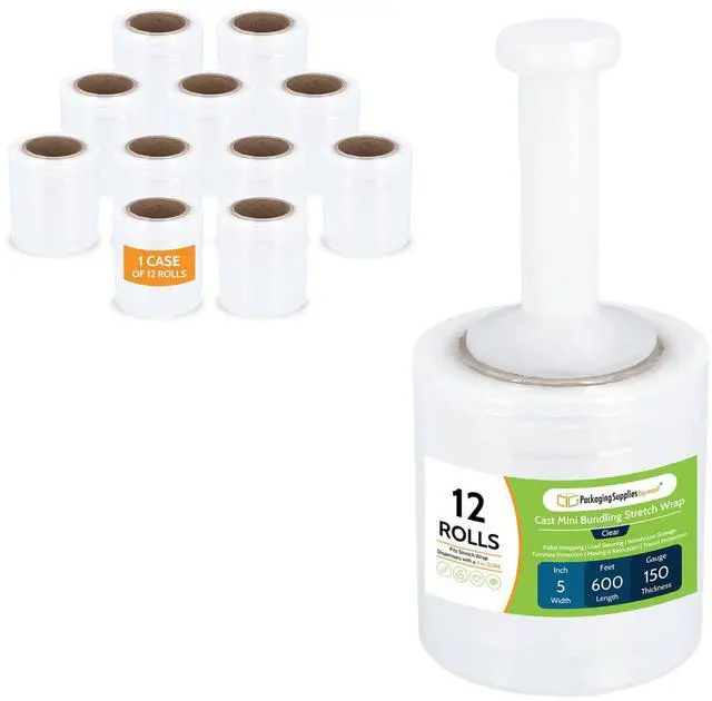 Main image of PSBM Mini Stretch Wrap with Plastic Handle, 12 Rolls 5 Inch x 600 Feet 150 Gauge Heavy Duty Clear Plastic Wrap Industrial Strength Shrink Film for Moving, Packing & Shipping