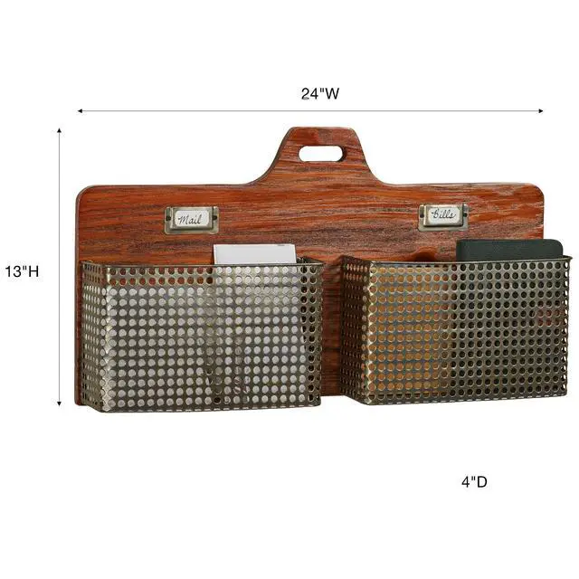 Alt view image 3 of 5 - Sawyer Vertical Wall Organizer - Mission Red Oak - Handcrafted - Wooden Back, Metal Baskets - Vintage Hanging Organizer - Two Tier Basket for Mail, Paper, Letters - 24 Inches Wide Horizontal