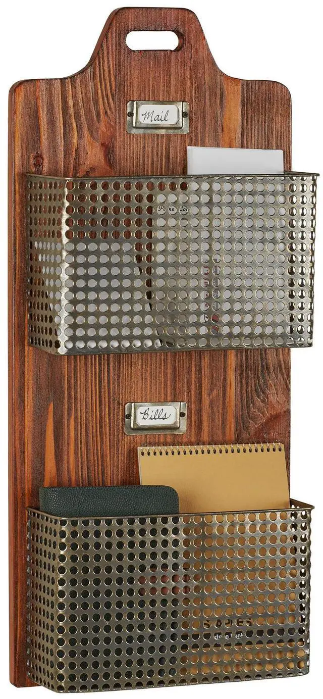 Main image of Sawyer Vertical Wall Organizer - Mission Red Oak - Handcrafted - Wooden Back, Metal Baskets - Vintage Hanging Organizer - Two Tier Basket for Mail, Paper, Letters - 26 Inches High Vertical