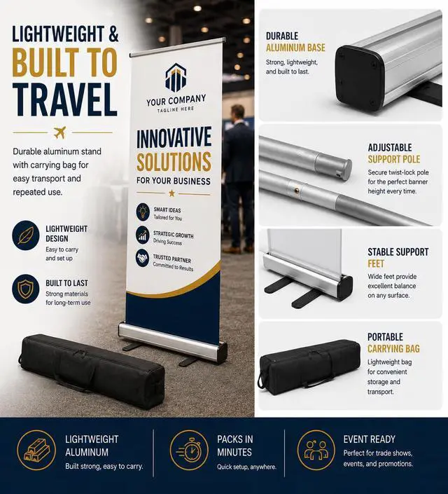 Alt view image 7 of 7 - Retractable Banner Stand Base 33.5x80, Portable Aluminum Roll Up Banner Display Stand with Support Pole & Carry Bag for Trade Shows, Events & Business Displays, Stand Only