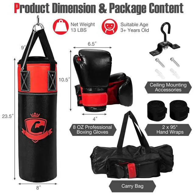 Alt view image 7 of 7 - Punching Bag for Kids, Pre Filled Kids Punching Bag with Boxing Gloves, Hand Wraps & Carry Bag, Hanging Heavy Punching Bag for Kids MMA Kick Boxing Muay Thai Taekwondo Karate Workout