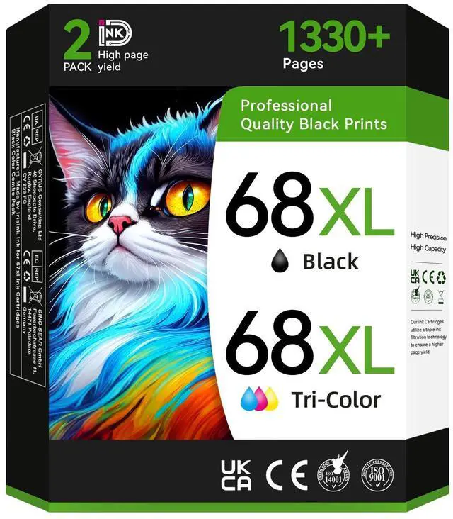 Main image of 68XL 68e 68 Ink Compatible for HP 68 Ink Cartridges Black/Color Combo Pack