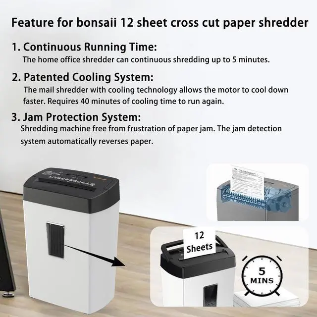 Alt view image 5 of 6 - 12-Sheet Cross Cut Shredder, P-4 High Security, 5.5 Gal, Heavy Duty for Home Office, Shreds Paper, Credit Card, Mail, Staples, with Transparent Window, White & Black