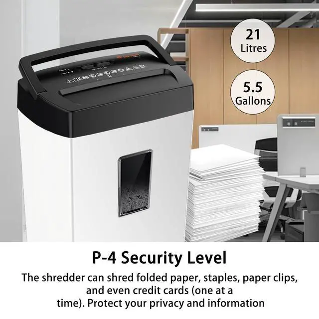 Alt view image 6 of 6 - Heavy-Duty Shredder, Up to 12 Sheets, P-4 high Security, Credit Cards, Mail, & Staples, 5.5-Gallon bin with a Transparent Window, Suitable for Heavy-Duty use in Home Offices, White & Black