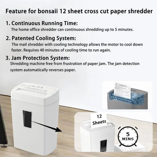 Alt view image 5 of 6 - 12-Sheet Cross Cut Shredder, P-4 High Security Shredding, 5.5 Gal, Heavy Duty for Home Office, Shreds Paper, Credit Card, Mail, Staples, with Transparent Window, White