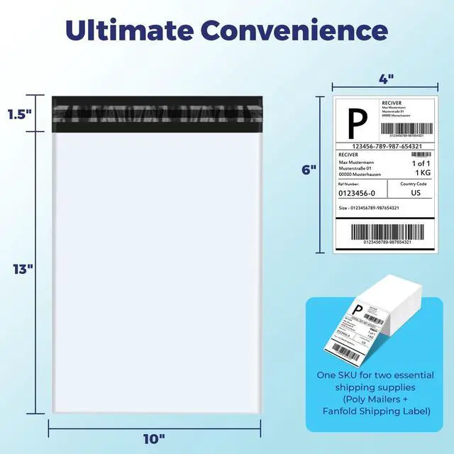 Alt view image 2 of 7 - 1200 Pcs 10x13" Poly Mailers with 4x6" Thermal Labels, Waterproof Mailing Envelopes & Stickers for Clothing, Strong Adhesive Poly Shipping Postage Bags for Business (White A Box)