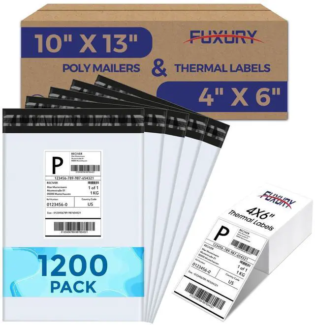 Main image of 1200 Pcs 10x13" Poly Mailers with 4x6" Thermal Labels, Waterproof Mailing Envelopes & Stickers for Clothing, Strong Adhesive Poly Shipping Postage Bags for Business (White A Box)