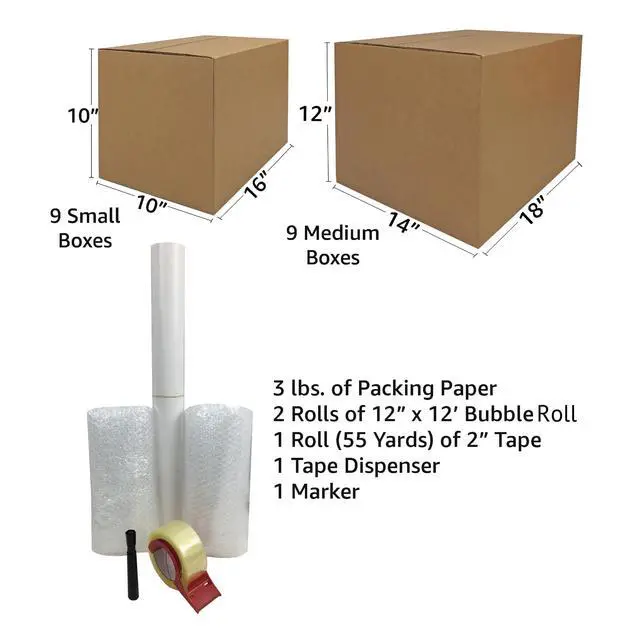 Alt view image 6 of 6 - Basic Moving Boxes Kit #1, 1 to 2 Bedroom Kit, 18 Boxes | Small Spaces Moving Kit, Bubble Roll, Tape, Packing Paper, Packaging & Storage Boxes