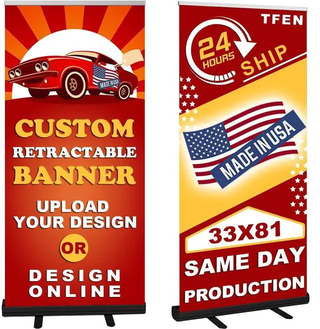 Main image of Custom Banner Aluminum Black Retractable Banner-Made in USA-33"x81" with Stand Roll up Banner for Business, Trade Shows, Stores, Advertising, Events, Personalized Banners