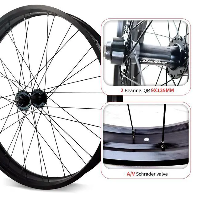 Alt view image 7 of 7 - 26in Snow Bike Front Wheel for E-Bike 26in X4.0 Tire Fat Bicycles Wheel for Beach Bike/Electric Bicycles Aluminum Alloy 36H Quick Release 9x135mm 6 Bolts Disc Brake Hub