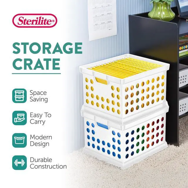 Alt view image 3 of 7 - Stackable Plastic Storage Crate Bin Organizer File Box with Handles for Home, Office, Dorm, Garage, or Utility Organization, White, 18-Pack