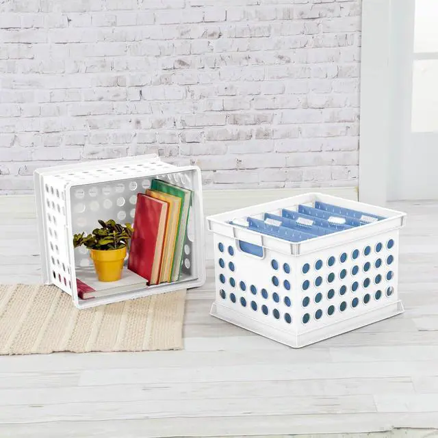 Alt view image 4 of 7 - Stackable Plastic Storage Crate Bin Organizer File Box with Handles for Home, Office, Dorm, Garage, or Utility Organization, White, 18-Pack