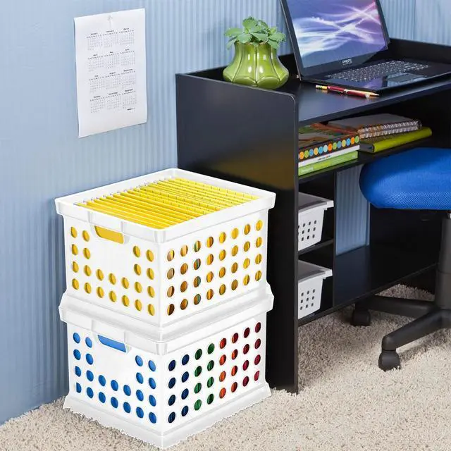 Alt view image 5 of 7 - Stackable Plastic Storage Crate Bin Organizer File Box with Handles for Home, Office, Dorm, Garage, or Utility Organization, White, 18-Pack