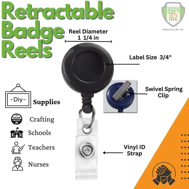 Alt view image 2 of 7 - Bulk 100 Pack - Bulk Premium Black Retractable Name Badge Reels with Alligator Swivel Clip & Vinyl Card Holder Strap by