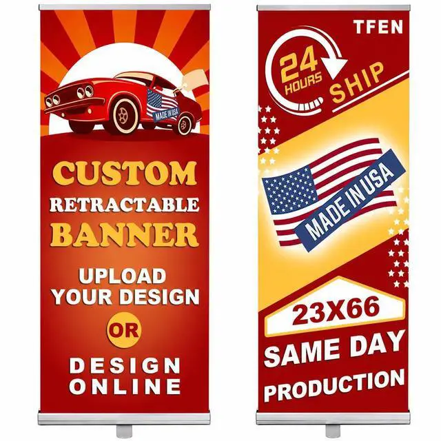 Main image of Made in USA-Custom Aluminum Retractable Banner 23"x66", with Stand Roll up Banner for Business, Trade Shows, Stores, Advertising, Events, Custom Banners Personalized