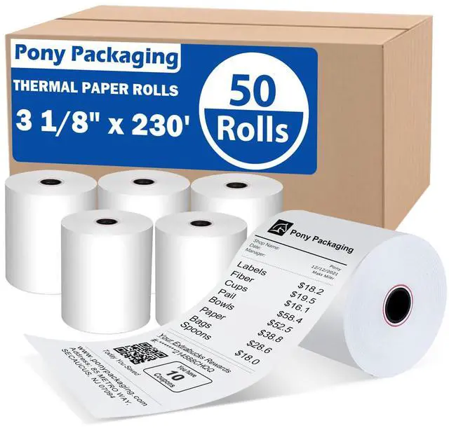 Main image of (50 Rolls) 3 1/8 x 230 Thermal Paper Receipt Rolls (55 GSM Premium Quality) Fits All POS Cash Registers BPA Free