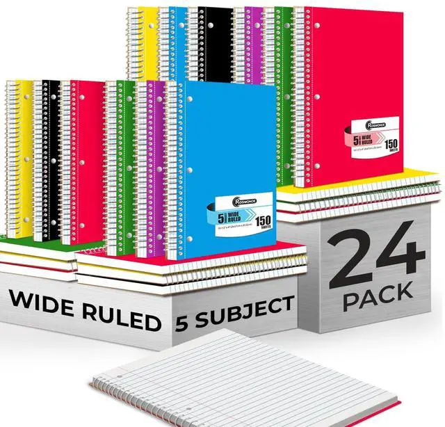 Main image of 24 Pack Spiral Notebook, 5 Subject, 300 Pages/Book (150 Sheets), Wide Ruled, 8 x 10-1/2, Office Spiral Notebooks, Bulk Subject Notebooks for School & Office, Soft Cover, Assorted Colors
