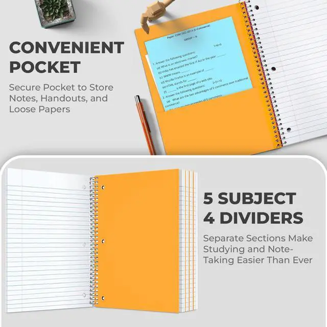 Alt view image 3 of 7 - 24 Pack Spiral Notebook, 5 Subject, 300 Pages/Book (150 Sheets), Wide Ruled, 8 x 10-1/2, Office Spiral Notebooks, Bulk Subject Notebooks for School & Office, Soft Cover, Assorted Colors