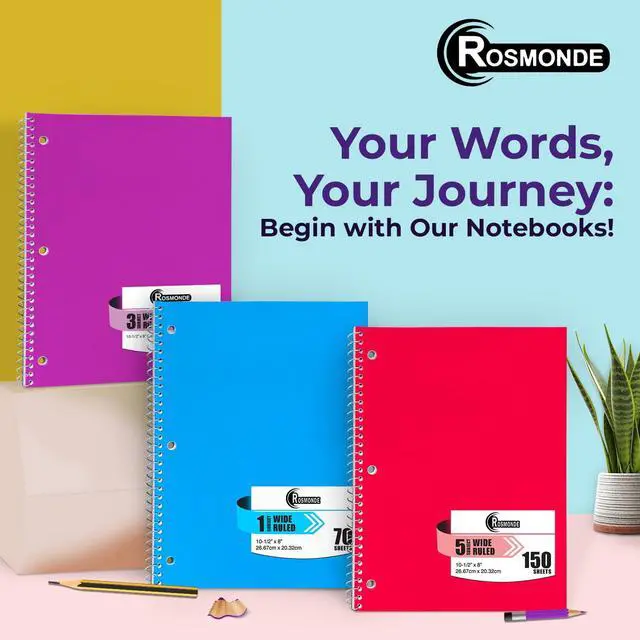 Alt view image 7 of 7 - 24 Pack Spiral Notebook, 5 Subject, 300 Pages/Book (150 Sheets), Wide Ruled, 8 x 10-1/2, Office Spiral Notebooks, Bulk Subject Notebooks for School & Office, Soft Cover, Assorted Colors