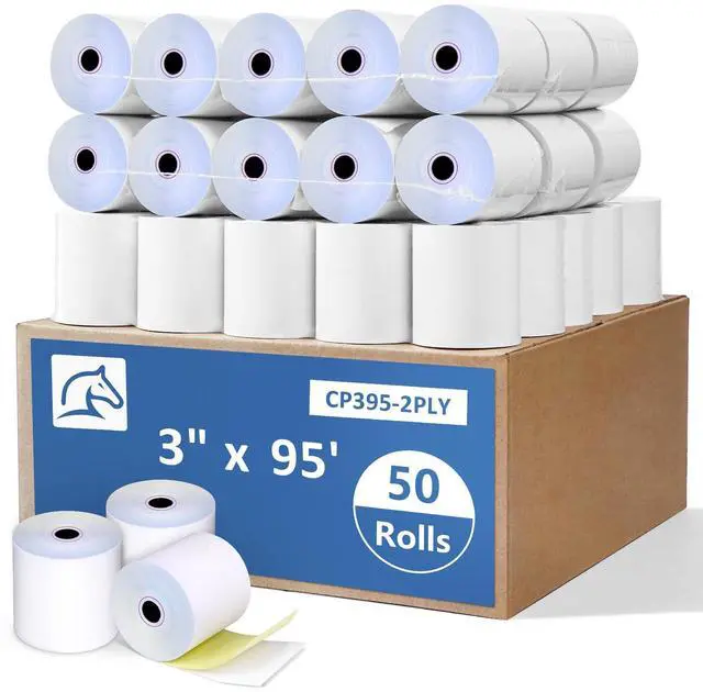 Main image of (50 Rolls) 2 Ply Carbonless Rolls 3" X 95 Feet White/Canary Receipt Paper for Restaurants & POS Cash Registers, Kitchen Printer Paper for Star Micronics SP700 SP2000 and more (3" 2 Ply 95' Carbonless)