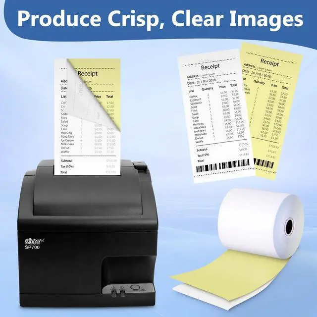 Alt view image 2 of 6 - (50 Rolls) 2 Ply Carbonless Rolls 3" X 95 Feet White/Canary Receipt Paper for Restaurants & POS Cash Registers, Kitchen Printer Paper for Star Micronics SP700 SP2000 and more (3" 2 Ply 95' Carbonless)