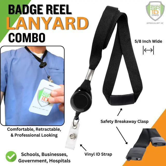 Alt view image 2 of 6 - Bulk 25 Pack - Comfort Black Breakaway Lanyard & Retractable Badge Reel Combo - Stretchy Neck Strap with Retracting Reel Cord for Office Badges, Keys and Access Cards