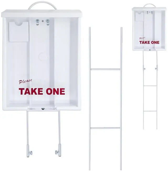 Main image of Outdoor Real Estate Brochure Box with Portable Two-Piece Metal Yard Stake & Dual Cross Bars, Letter-Size Take One Flyer Holder, 39" Tall Display (2 Pack - White)