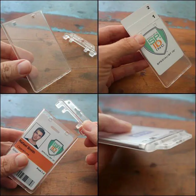 Alt view image 3 of 6 - Bulk 50 Pack - Permanent Locking Hard Plastic Badge Holder - Vertical Clear Heavy Duty Secure Case Holder for One or Two I'd Cards by