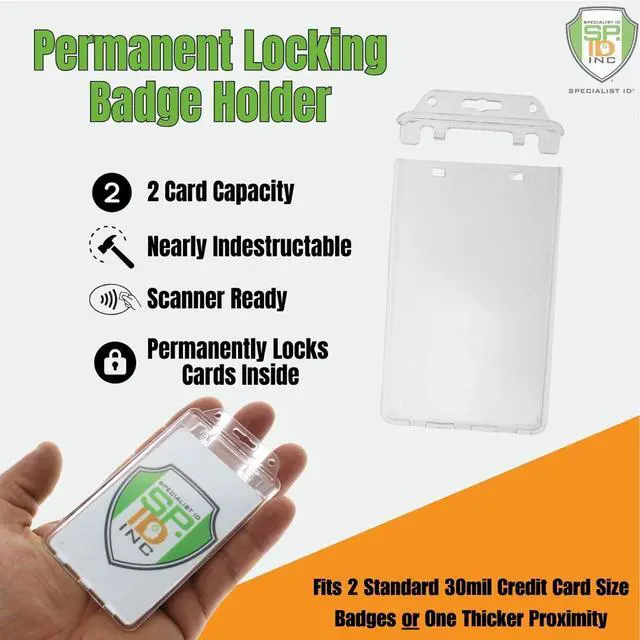 Alt view image 2 of 6 - Bulk 50 Pack - Permanent Locking Hard Plastic Badge Holder - Vertical Clear Heavy Duty Secure Case Holder for One or Two I'd Cards by