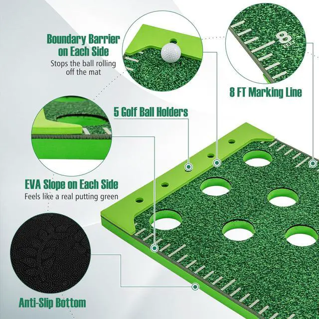 Alt view image 3 of 7 - Golf Game Set, Indoor Outdoor 11FT Putting Green Mat w/ 2 Adjustable Putters, 6 Balls & 12 Hole Covers, Golf Pratice Training Mat for Party, Backyard, Home and Office
