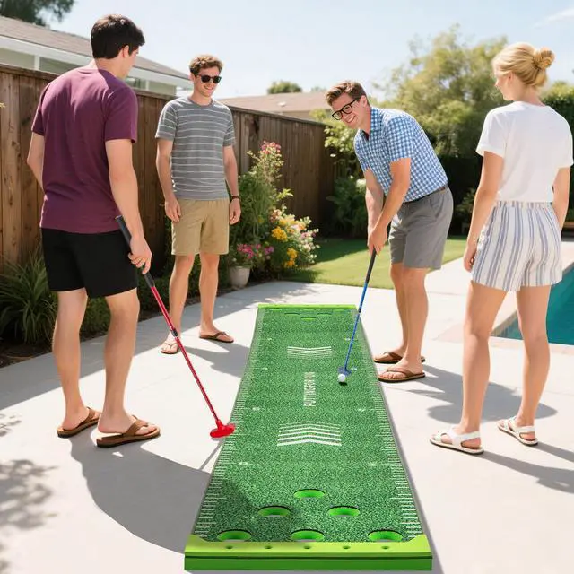 Alt view image 2 of 7 - Golf Game Set, Indoor Outdoor 11FT Putting Green Mat w/ 2 Adjustable Putters, 6 Balls & 12 Hole Covers, Golf Pratice Training Mat for Party, Backyard, Home and Office