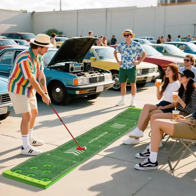 Alt view image 6 of 7 - Golf Game Set, Indoor Outdoor 11FT Putting Green Mat w/ 2 Adjustable Putters, 6 Balls & 12 Hole Covers, Golf Pratice Training Mat for Party, Backyard, Home and Office