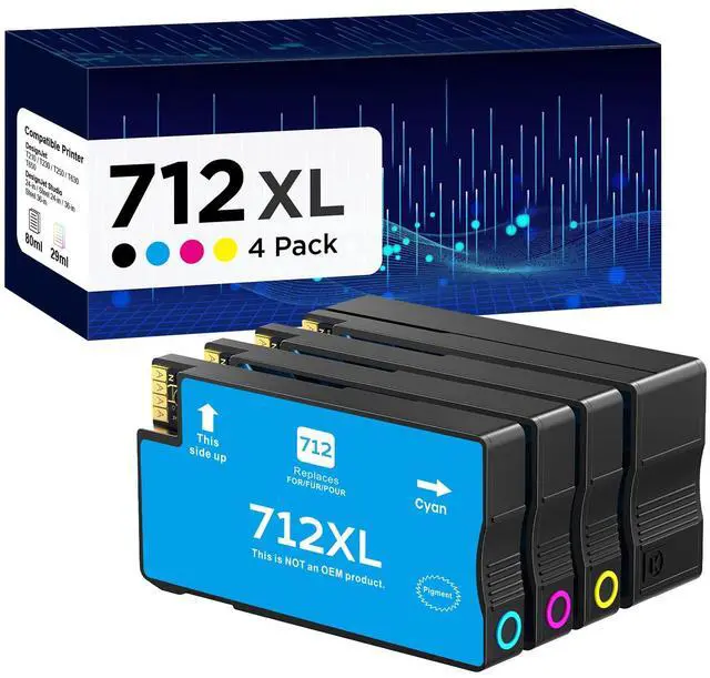 Main image of 712XL 712 Ink Cartridge 4 Pack High Yield Compatible with HP DesignJet T650 | Compatible for HP DesignJet T650 T630 T230 T210 Studio Printers. Easy Install CMYK Set (4 Pack, 80-ml Black + 29-ml C/M/Y)