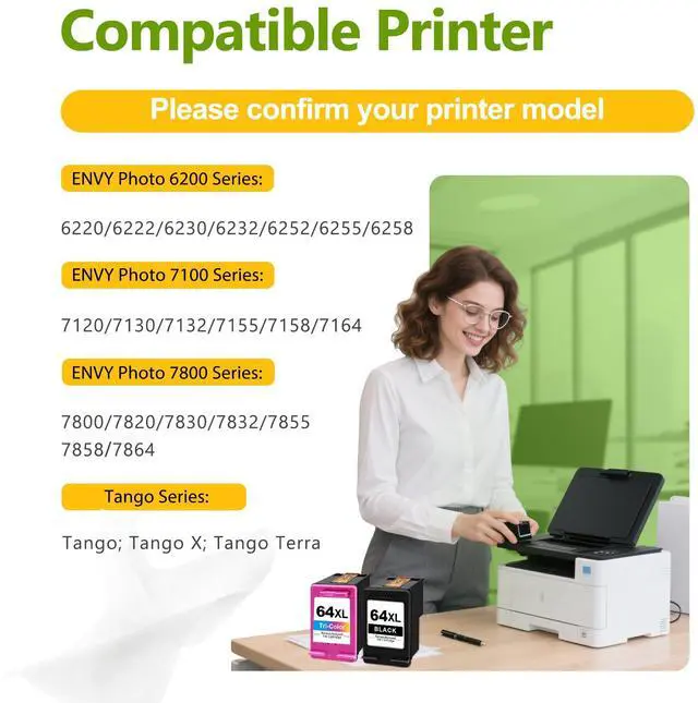 Alt view image 2 of 7 - 64XL Black and Color Ink Cartridge Combo Pack Replacement for HP 64 64XL Ink Cartridge for Envy Photo 7855 7858 7800 7100 7155 6255 7164 Inspire 7255e 7955e 7958e 7900e Tango Series Printer (2-Pack)
