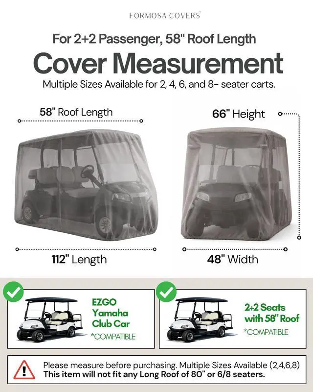 Alt view image 2 of 6 - Premium Golf Cart Cover for EZGo, Club Car, Evolution Golf Carts | Vents Zipper Reinforced Grommets Thick Material 4 Seater with 2 Seater Roof up to 58" L Grey