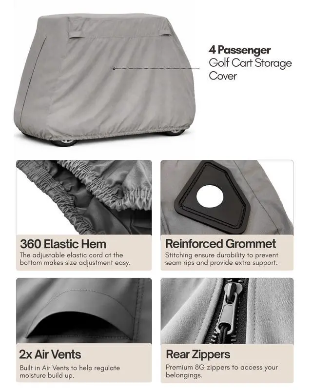 Alt view image 4 of 6 - Premium Golf Cart Cover for EZGo, Club Car, Evolution Golf Carts | Vents Zipper Reinforced Grommets Thick Material 4 Seater with 2 Seater Roof up to 58" L Grey
