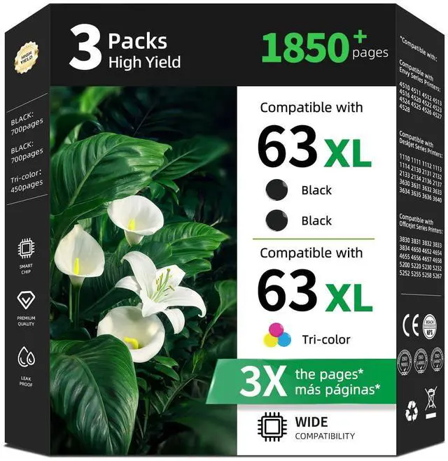 Main image of 63XL Black Color Ink Cartridge 3 Combo Pack Replacement for HP 63 XL for HP63 HP63XL with Printer Officejet 3830 4520 4650 5255 5200 5222 5121 5258 4655 Deskjet 3632 3630 4652 5252 4510 3631 3634 2132