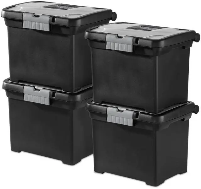 Main image of 4-Pack Portable File Box, Stackable Container for Letter Hanging Folders, Black - Paper Document Plastic Storage Organizer with Latching Lid for Home, Office, and Dorm Organization