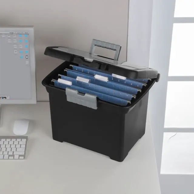 Alt view image 7 of 7 - 4-Pack Portable File Box, Stackable Container for Letter Hanging Folders, Black - Paper Document Plastic Storage Organizer with Latching Lid for Home, Office, and Dorm Organization