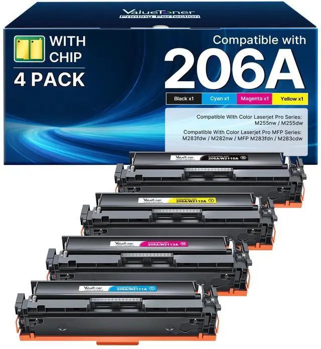 Main image of 206A Toner Cartridge 4 Pack Replacement for HP 206A 206X M283fdw M283cdw | Compatible for HP Color LaserJet Pro MFP M283fdw M283cdw M255dw M282 M283 M255 | W2110A (Black, Cyan, Yellow, Magenta)