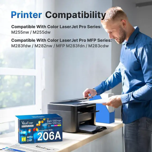 Alt view image 2 of 7 - 206A Toner Cartridge 4 Pack Replacement for HP 206A 206X M283fdw M283cdw | Compatible for HP Color LaserJet Pro MFP M283fdw M283cdw M255dw M282 M283 M255 | W2110A (Black, Cyan, Yellow, Magenta)
