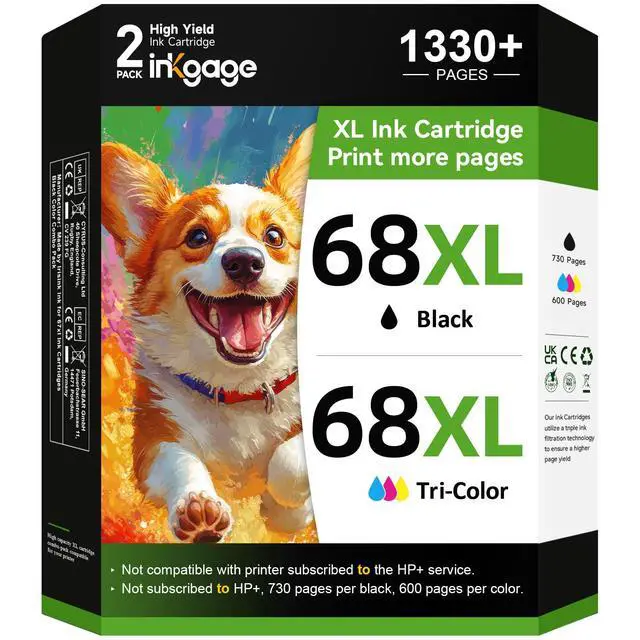 Main image of 68e High Yield for HP 68 Ink Cartridge Black and Tri-Color Combo Pack Compatible for HP 68XL Ink Cartridges for Envy 6155e 6155 6555e 6152e 6552e 6558e 6165e 6100e 6500e 6550e Series Printers 2-Pack